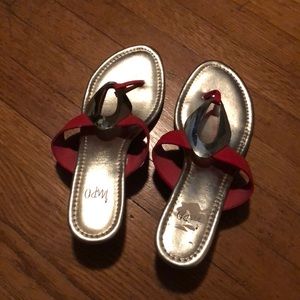 Orange and gold flip flop heels